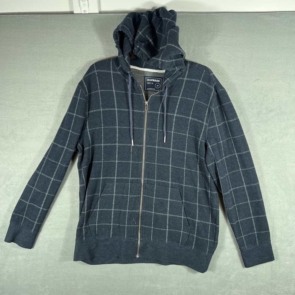 Express Men's L/G Navy Blue‎ Plaid Grid Full Zip Hoodie Sweatshirt Activewear